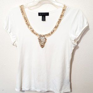 White INC Stretch Tee Shirt With Sequined Neckline Size Petite Medium